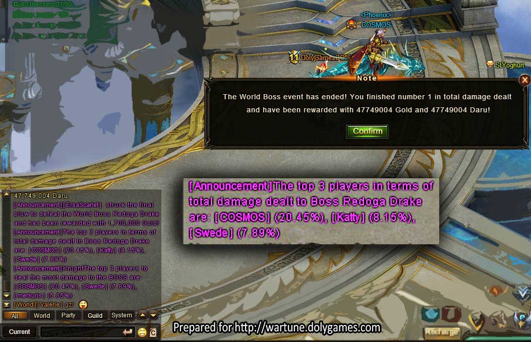 COSMOS huge World Boss hit 8 Jul 2017 - DolyGames Wartune