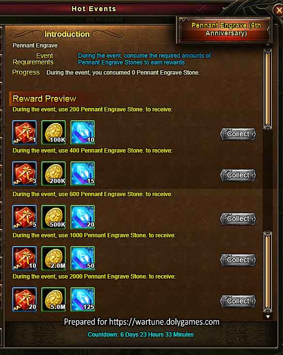 Pennant Engrave New Event - Wartune Events 10 AUG 2018